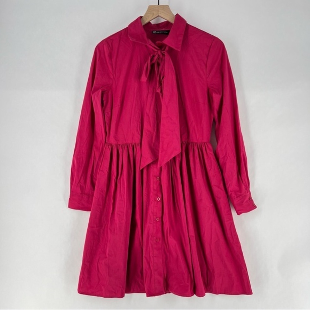 NY&C Pink Cotton Blend Button Front Tie Neck Pleated Fit & Flare Shirt Dress‎